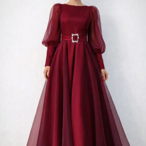 Women's Deep Burgundy Organza Lantern-Sleeve Gown