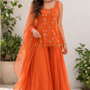 Rust Orange Embroidered Peplum Sharara Set