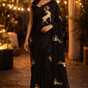 Women’s Midnight Black Sequin Saree with Golden Deer Motifs