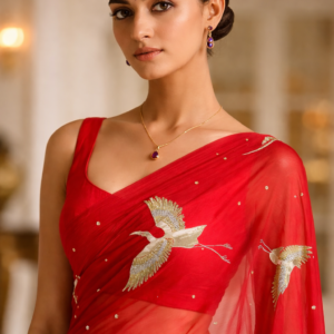 Scarlet Red Crane Motif Organza Saree