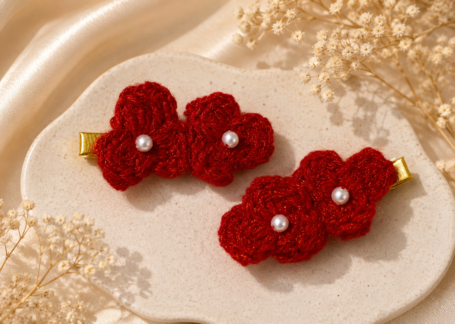 Handmade Crochet Floral Hair Clips – Ruby Blossom Collection - Image 2