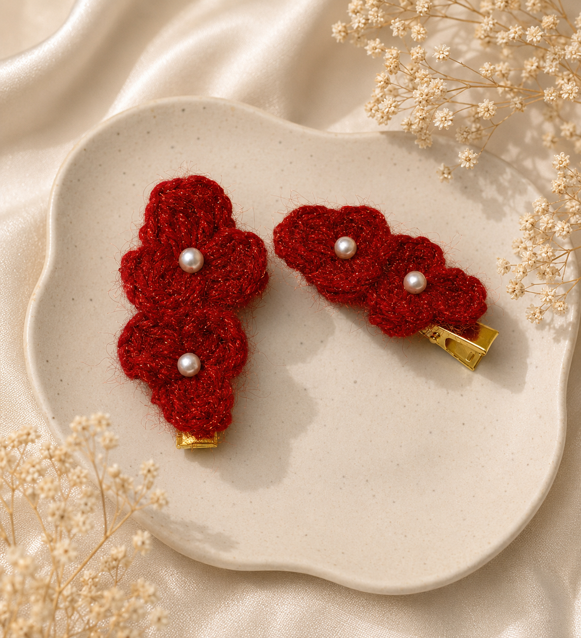 Handmade Crochet Floral Hair Clips – Ruby Blossom Collection - Image 3