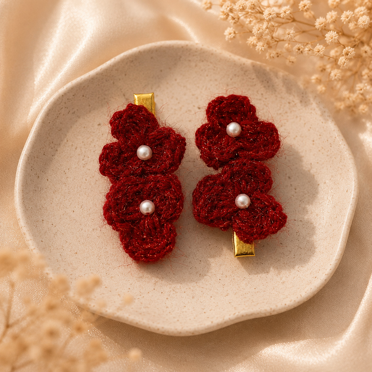 Handmade Crochet Floral Hair Clips – Ruby Blossom Collection