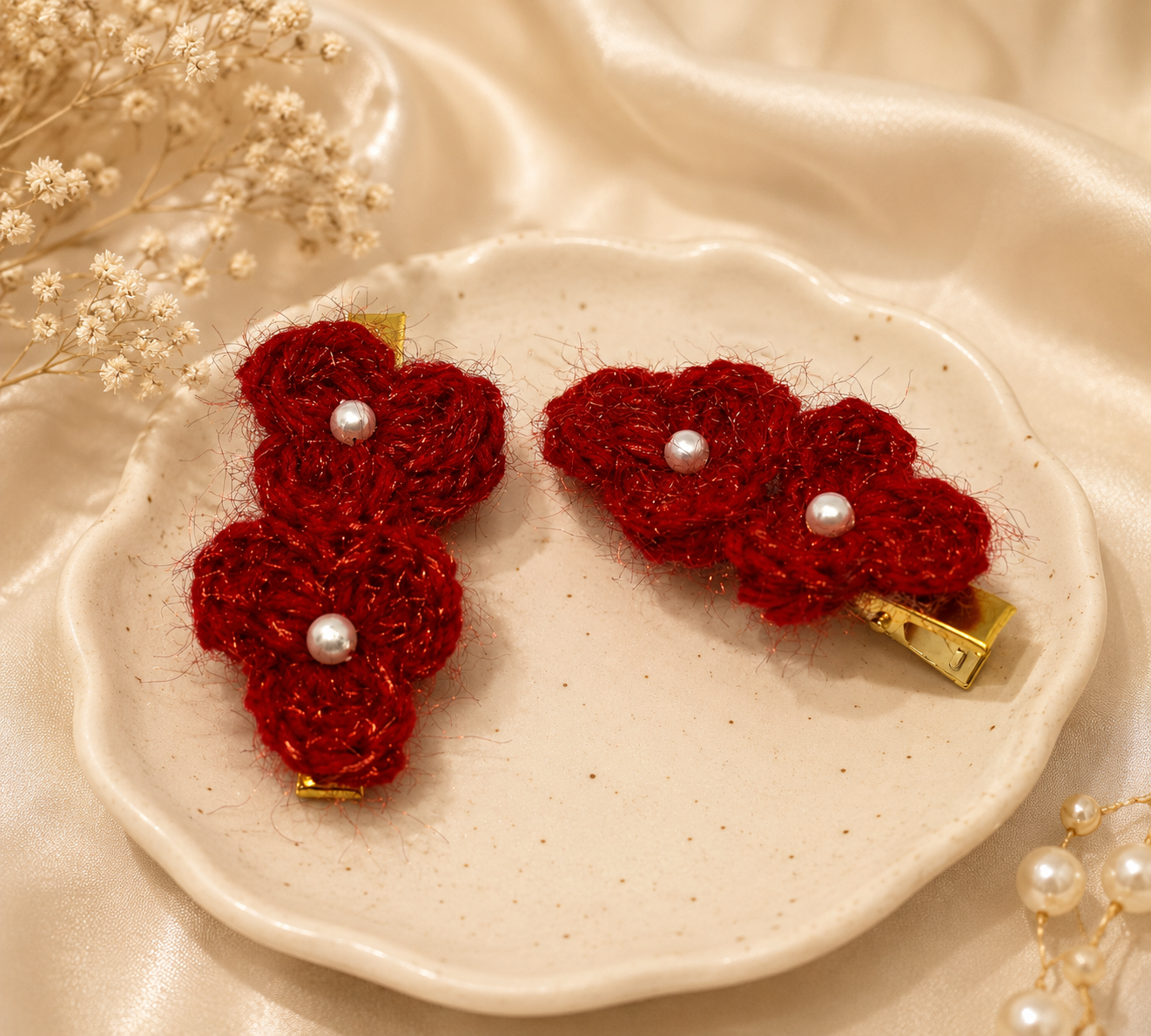 Handmade Crochet Floral Hair Clips – Ruby Blossom Collection - Image 5